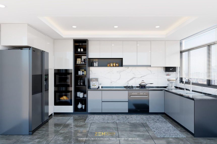 Tủ bếp MDF cánh phủ Acrylic màu xanh và trắng