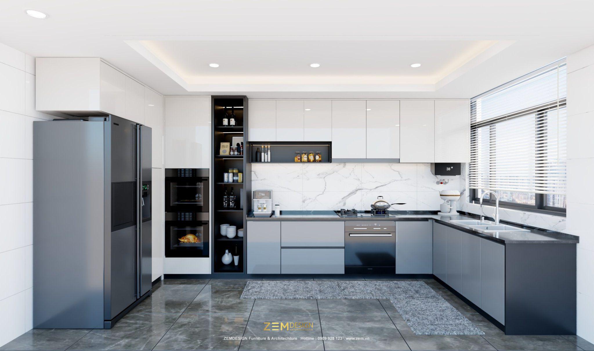 Tủ bếp MDF cánh phủ Acrylic màu xanh và trắng