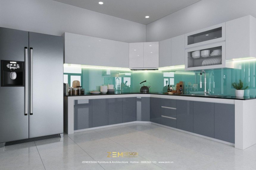Tủ bếp Acrylic màu xám kết hợp màu trắng