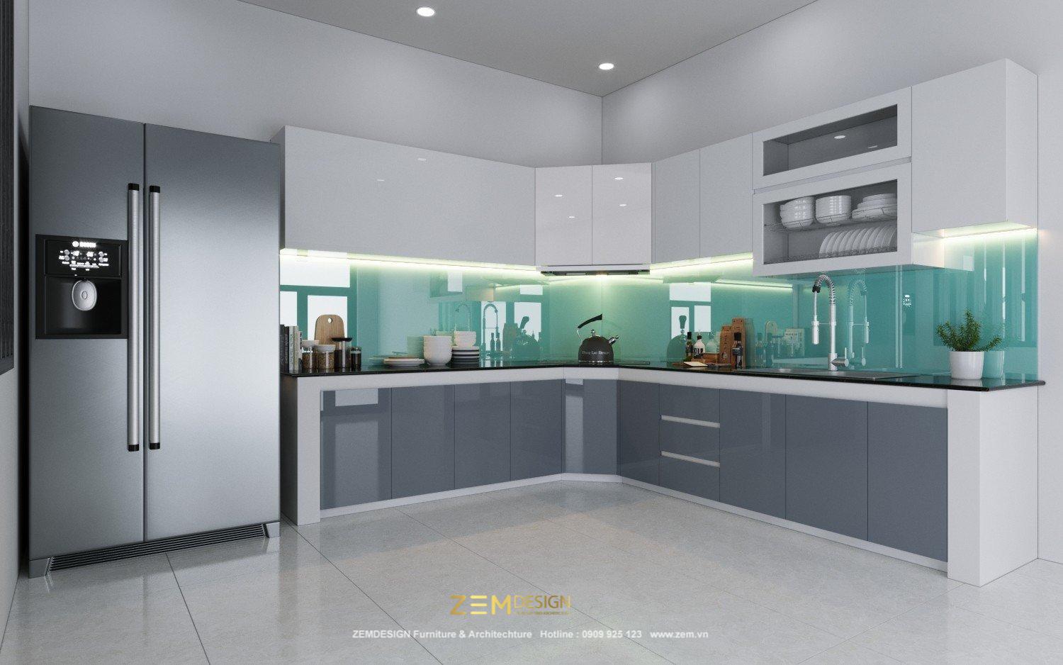 Tủ bếp Acrylic màu xám kết hợp màu trắng