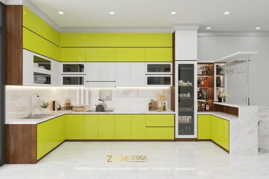 Tủ bếp Acrylic màu xanh