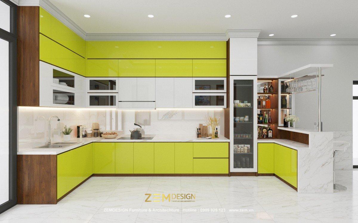Tủ bếp Acrylic màu xanh