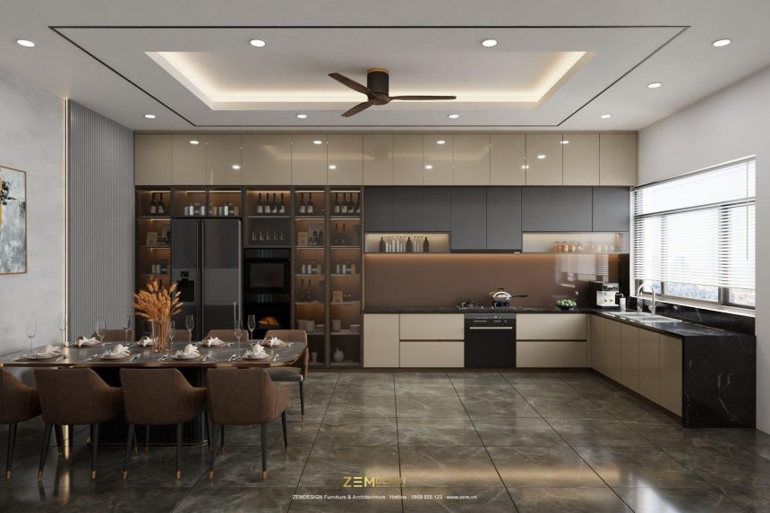Tủ bếp MDF phủ Acrylic màu kem
