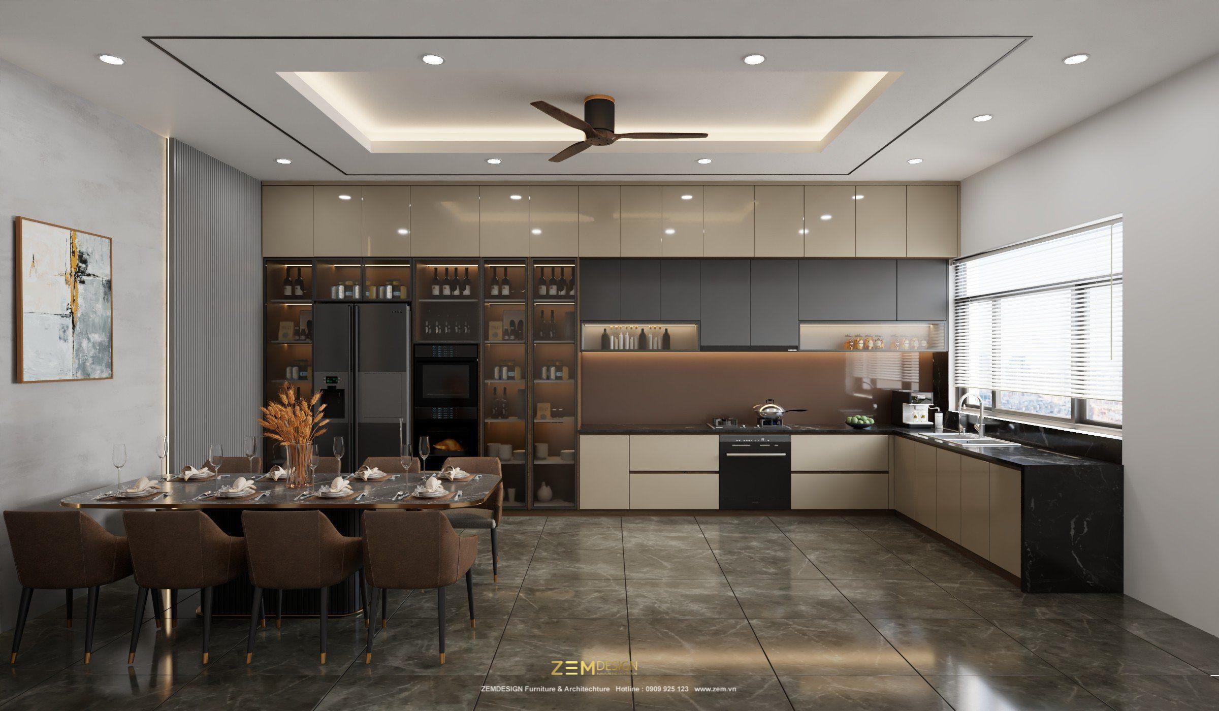 Tủ bếp MDF phủ Acrylic màu kem