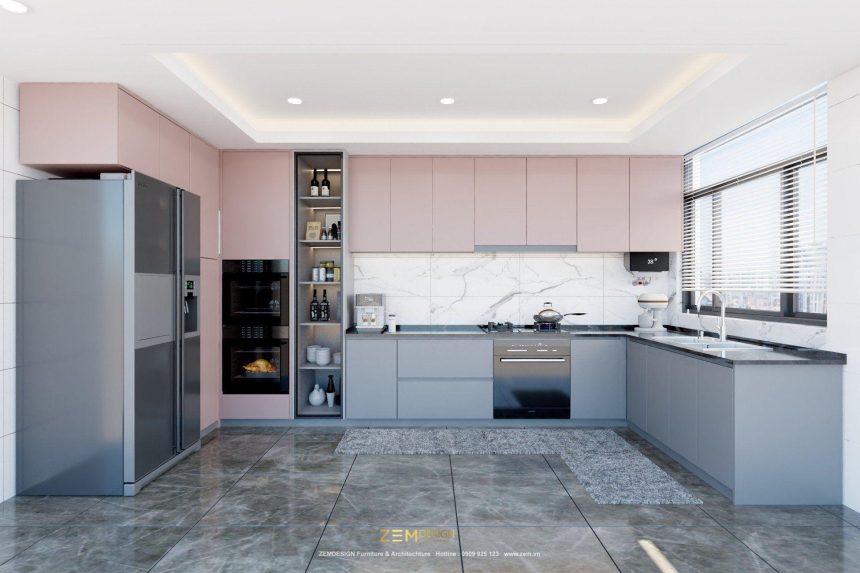 Tủ bếp Melamine hiện đại màu xanh và hồng
