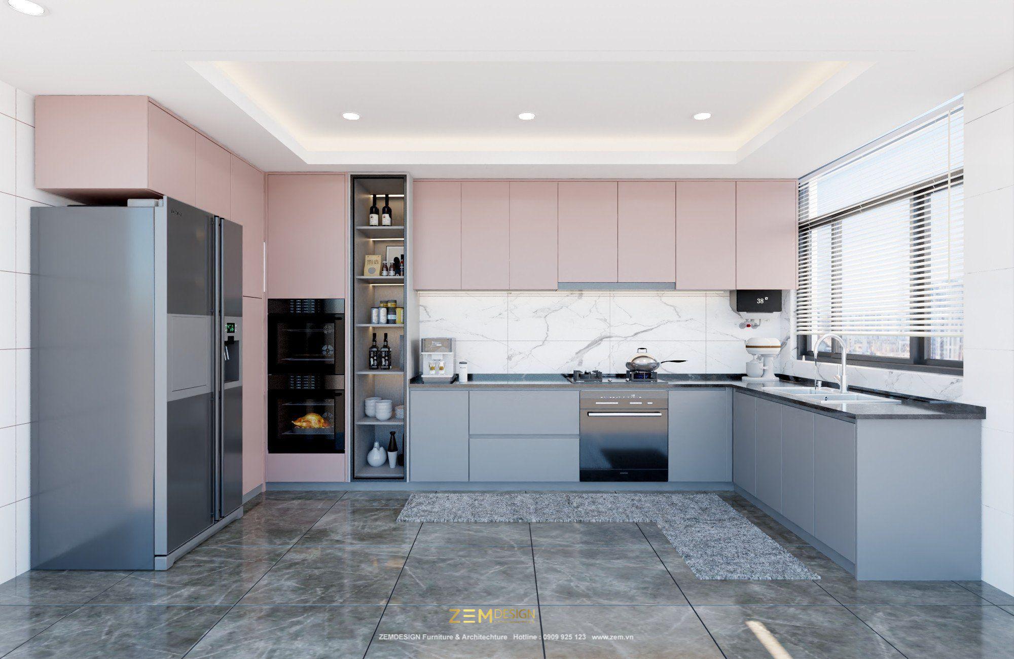 Tủ bếp Melamine hiện đại màu xanh và hồng