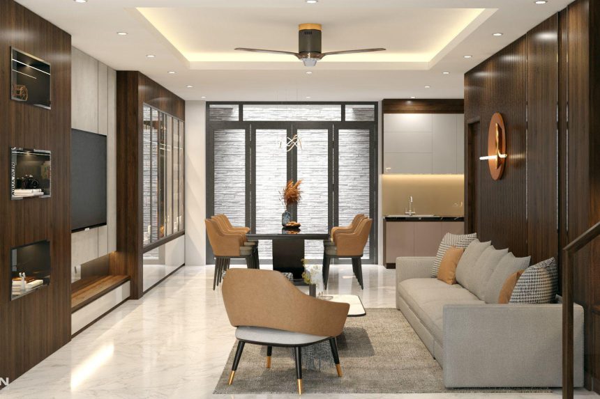 Phòng khách liền bếp căn hộ hiện đại - 02