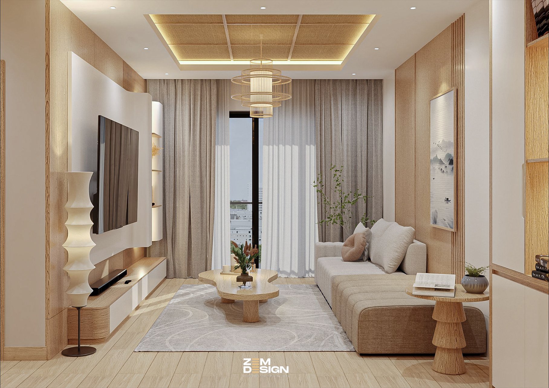 Phòng khách căn hộ Celadon Tân Phú phong cách Japandi 01
