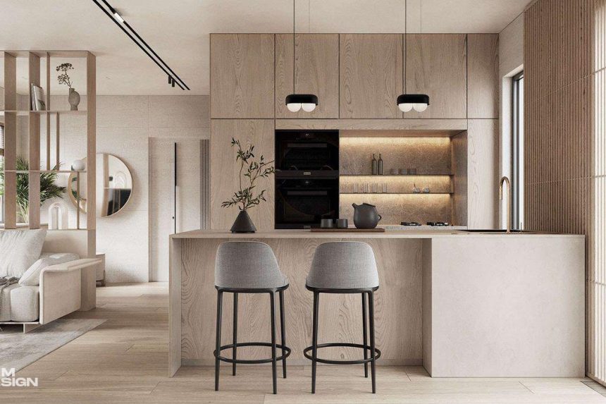 Thiết kế nội thất phòng bếp nối liền phòng bếp chung cư An Phú Apartment