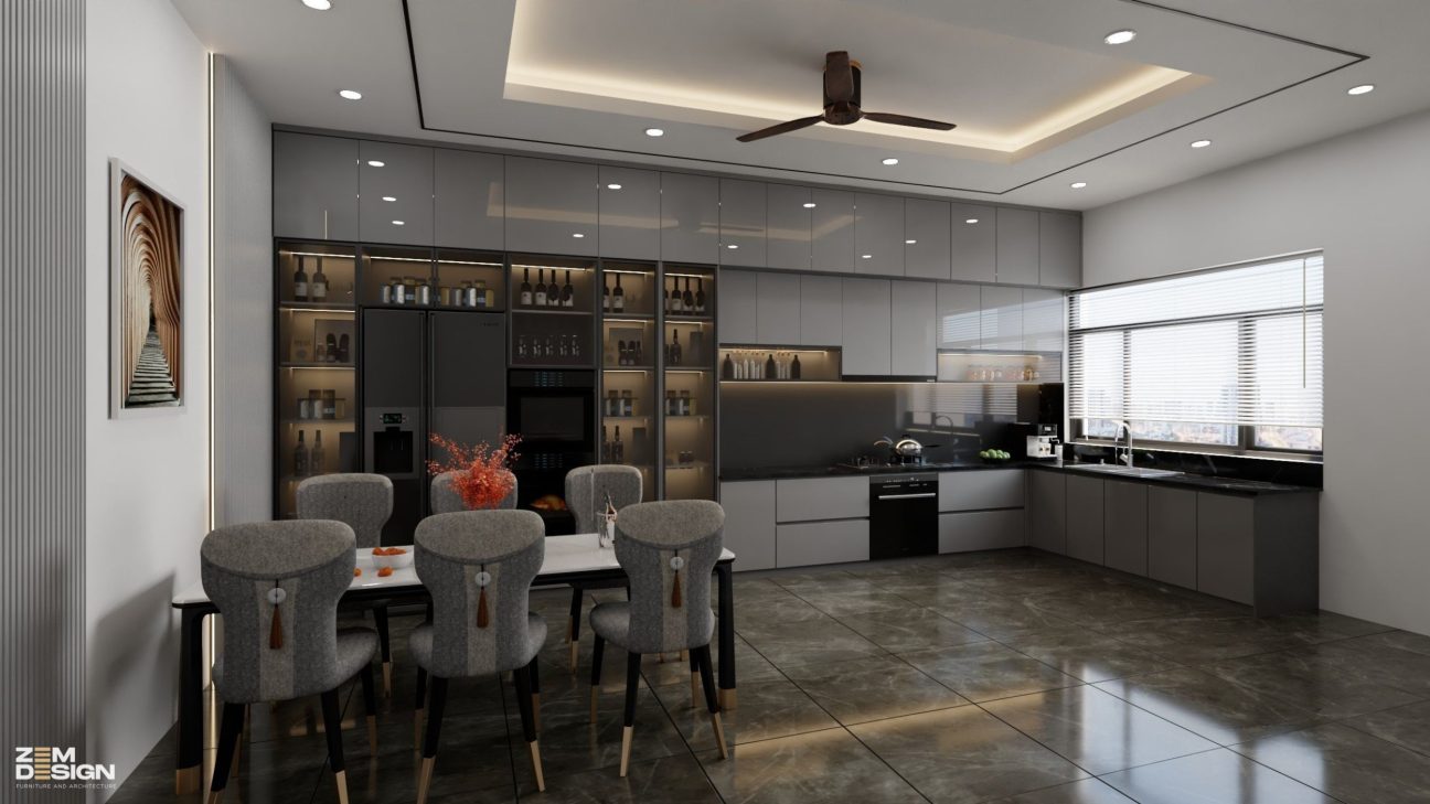 Mẫu bếp acrylic bóng gương có cửa sổ 02