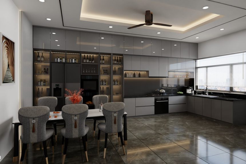 Mẫu bếp acrylic bóng gương có cửa sổ 02
