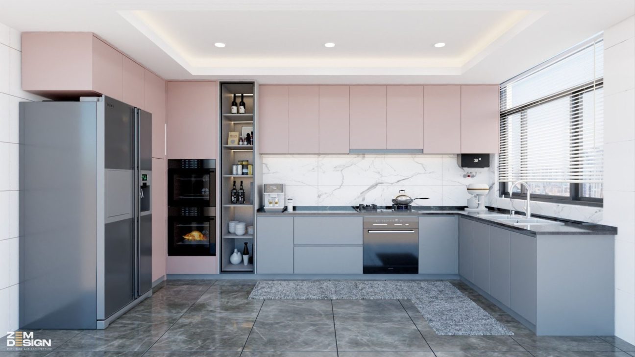 Mẫu bếp acrylic có cửa sổ màu xám hồng 01