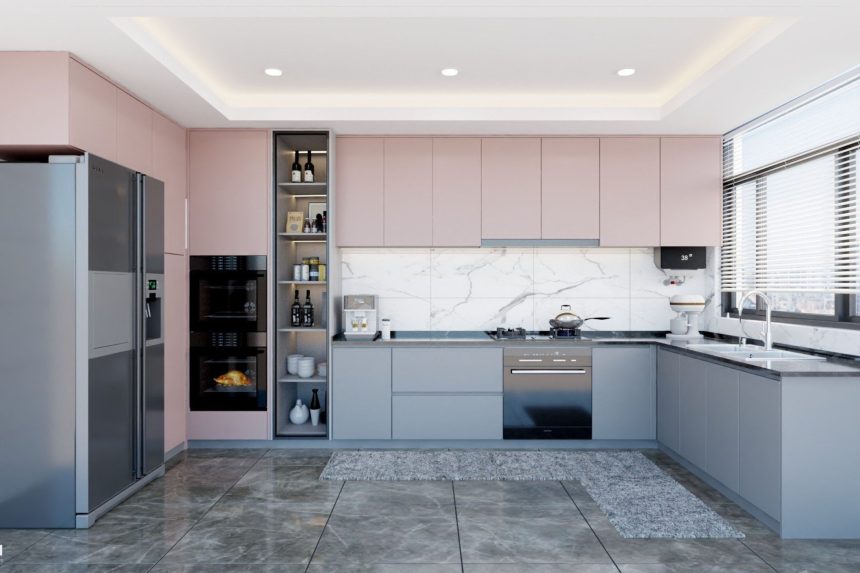 Mẫu bếp acrylic có cửa sổ màu xám hồng 01