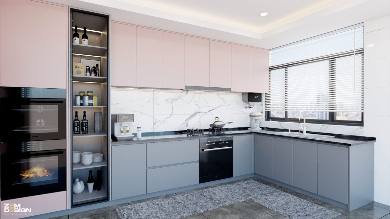 Mẫu bếp acrylic có cửa sổ màu xám hồng 02