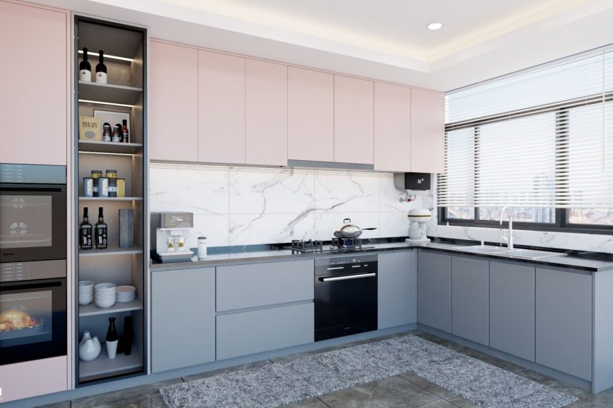 Mẫu bếp acrylic có cửa sổ màu xám hồng 02