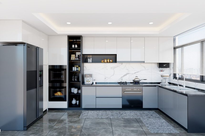 Mẫu bếp acrylic có cửa sổ màu xám trắng 01