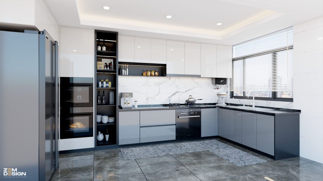 Mẫu bếp acrylic có cửa sổ màu xám trắng 02