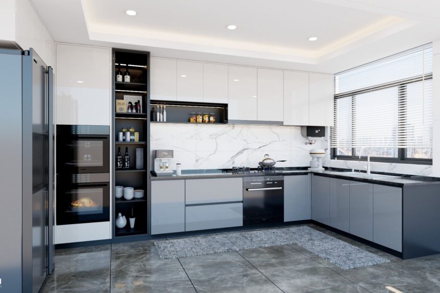 Mẫu bếp acrylic có cửa sổ màu xám trắng 02