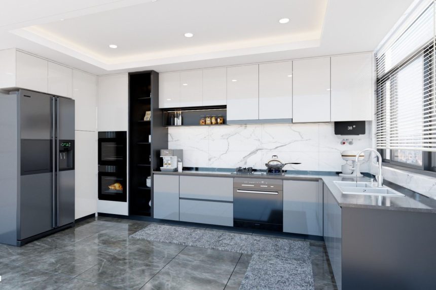 Mẫu bếp acrylic có cửa sổ màu xám trắng 03