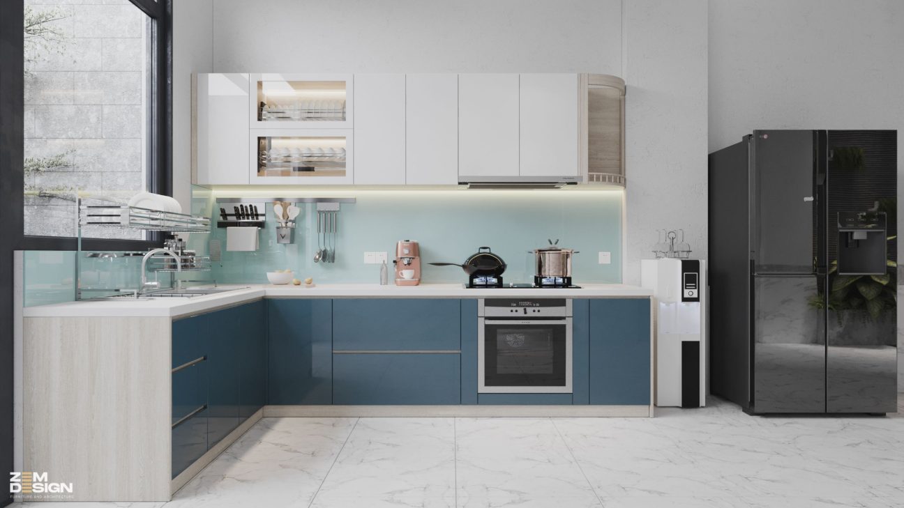 Mẫu bếp acrylic có cửa sổ màu xanh coban và trắng 01