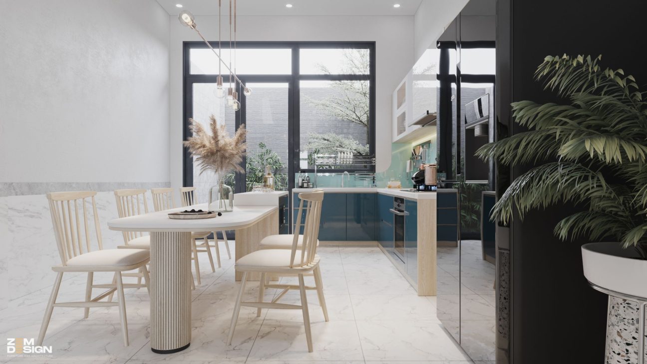 Mẫu bếp acrylic có cửa sổ màu xanh coban và trắng 02