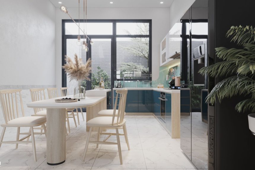 Mẫu bếp acrylic có cửa sổ màu xanh coban và trắng 02