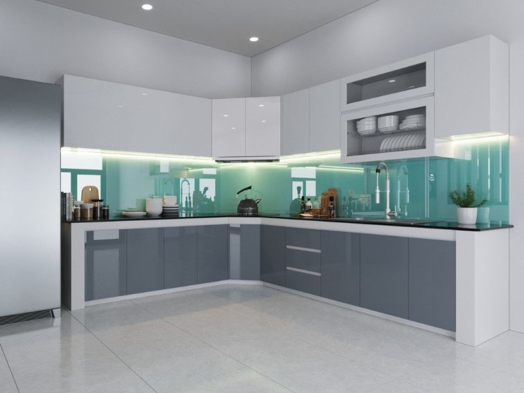 Tủ bếp Acrylic bóng gương màu xám trắng
