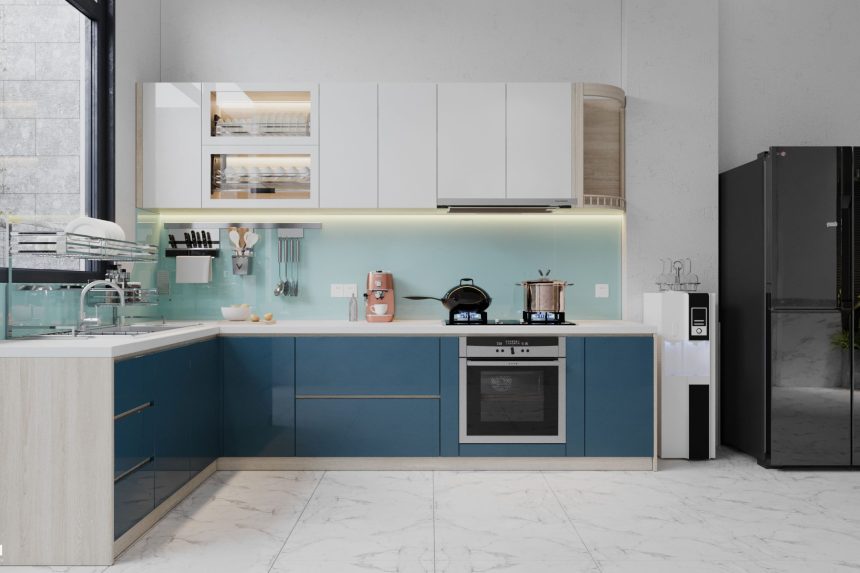 Tủ bếp Acrylic xanh coban - 01