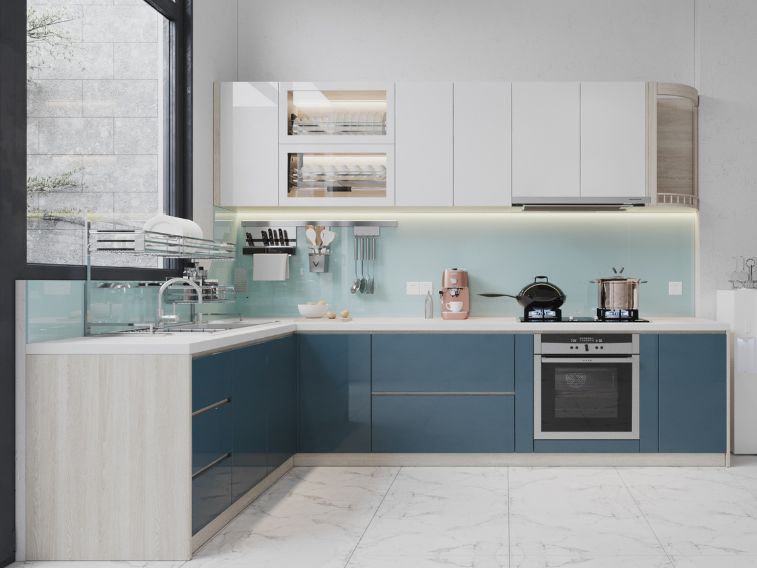 Tủ bếp Acrylic xanh coban