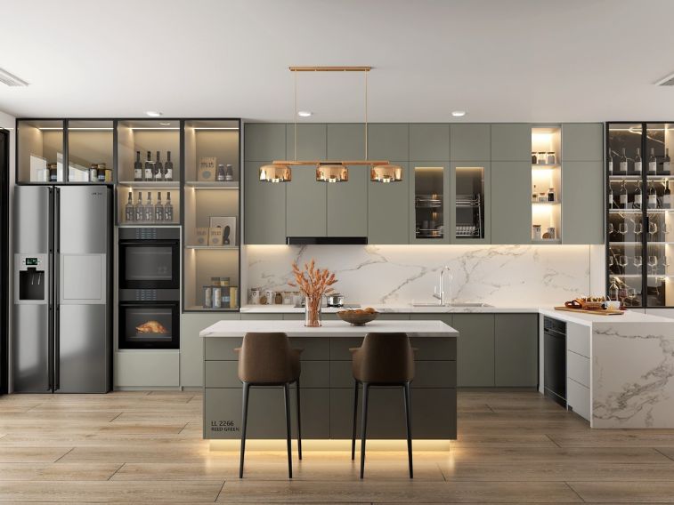 Tủ bếp acrylic màu xanh ghi