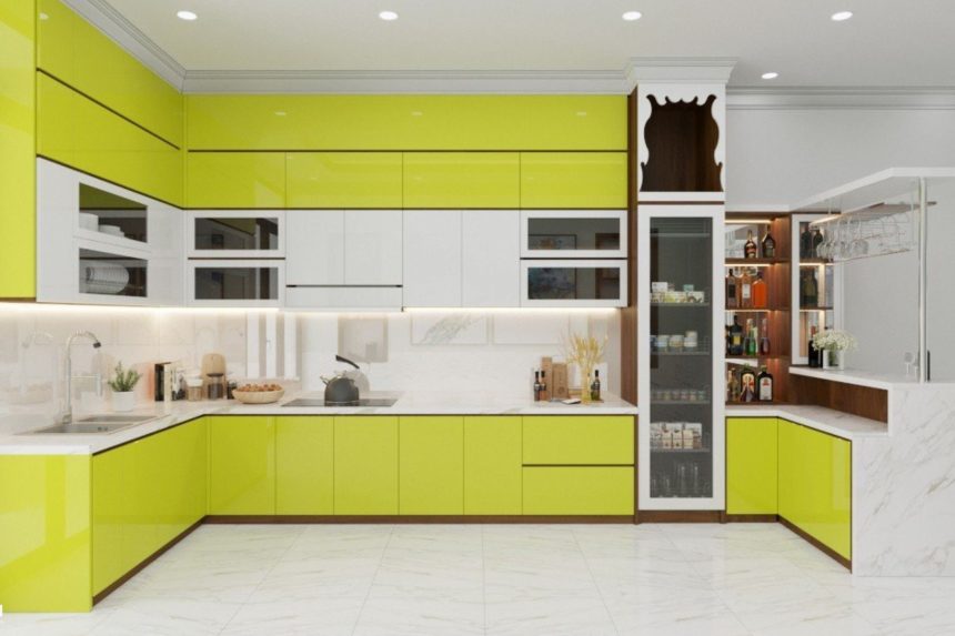 Tủ bếp Acrylic xanh lá 01