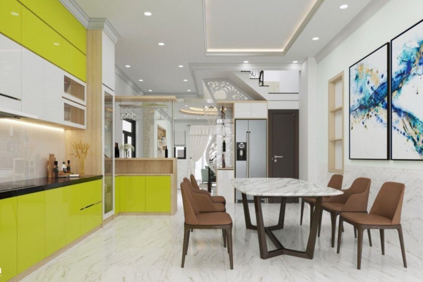 Tủ bếp Acrylic xanh lá 02