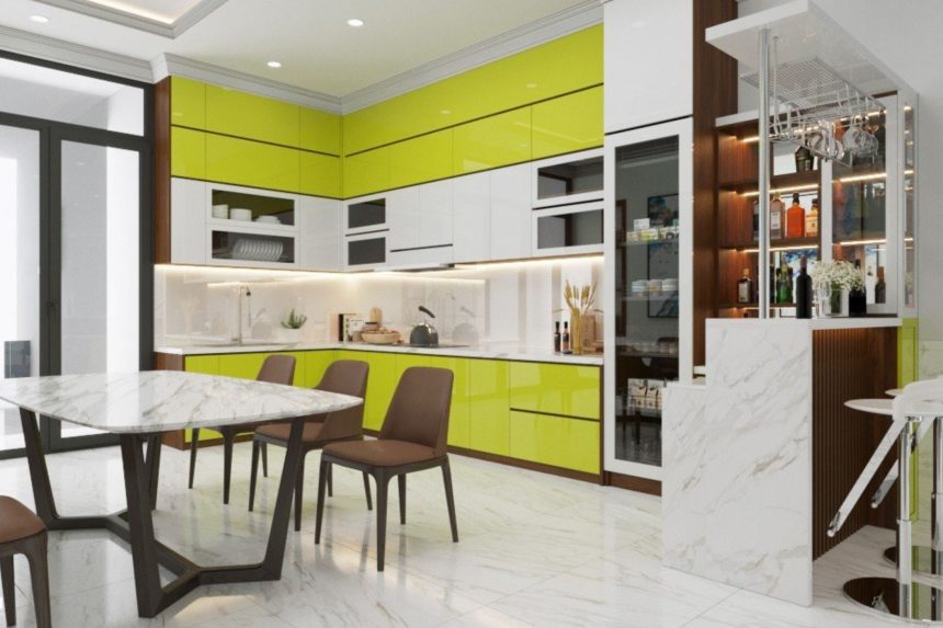 Tủ bếp Acrylic xanh lá 03