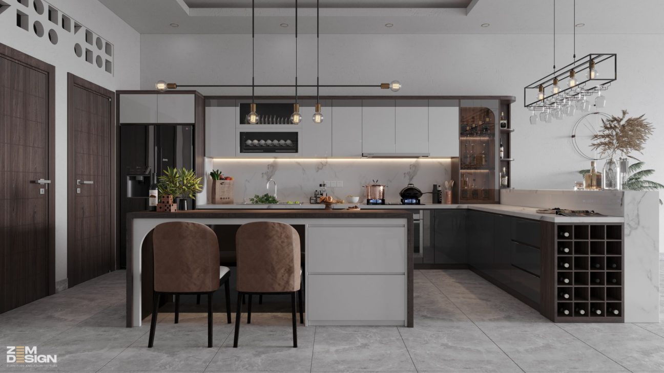 Thiết kế tủ bếp Acrylic bóng gương màu trắng sữa và gỗ MDF - 01