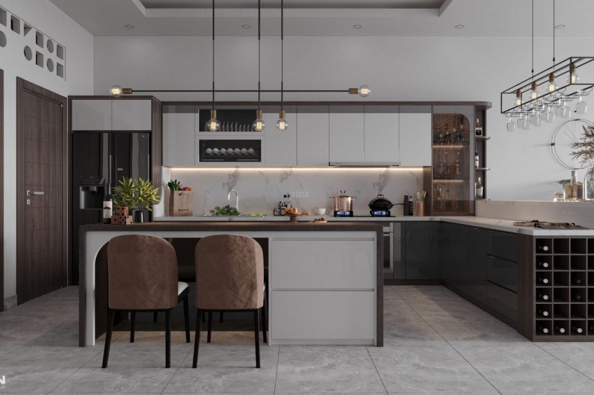 Thiết kế tủ bếp Acrylic bóng gương màu trắng sữa và gỗ MDF - 01