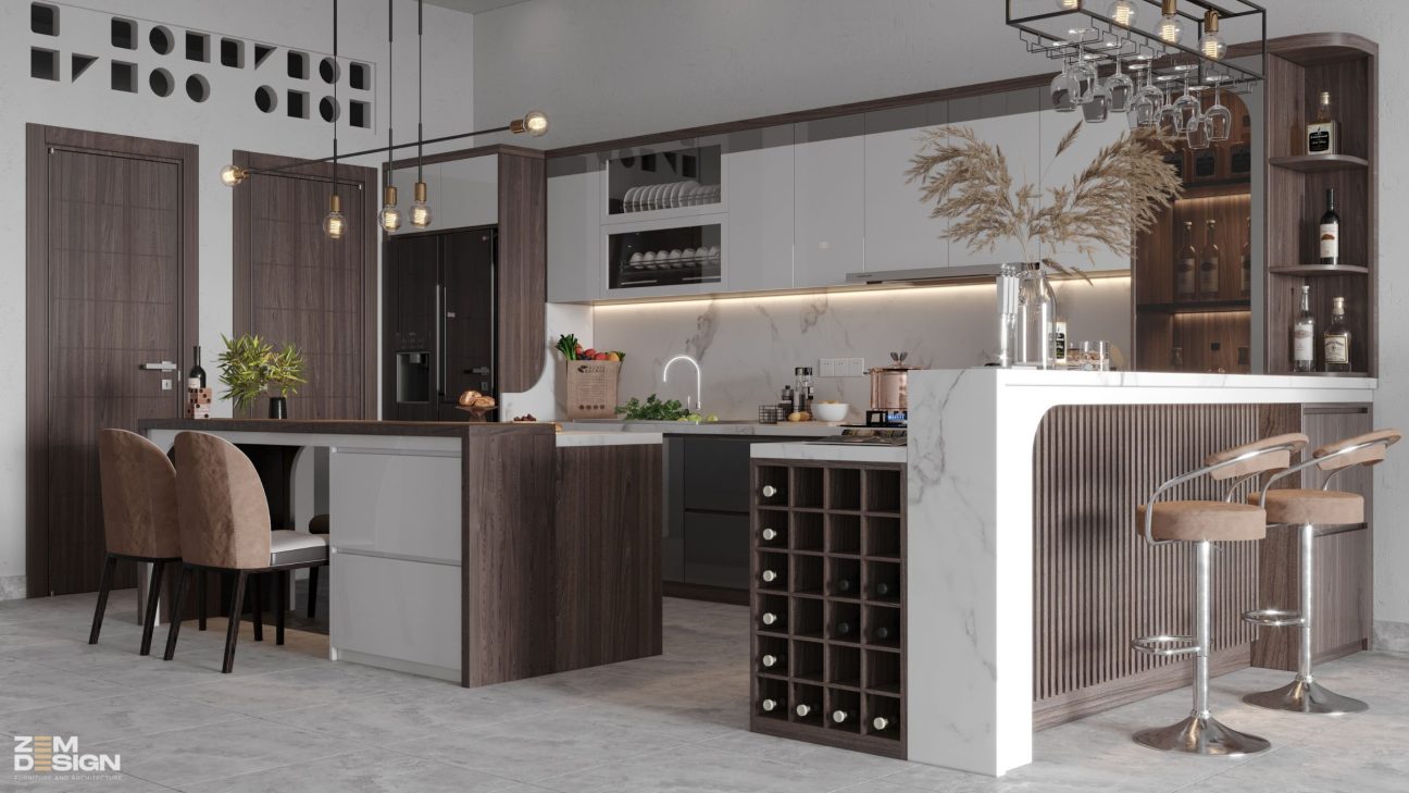 Thiết kế tủ bếp Acrylic bóng gương màu trắng sữa và gỗ MDF - 02