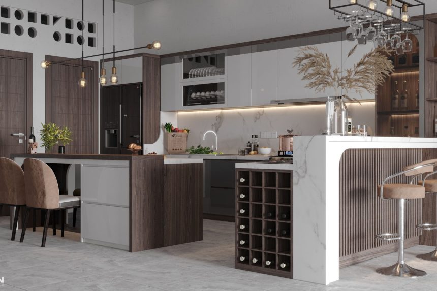 Thiết kế tủ bếp Acrylic bóng gương màu trắng sữa và gỗ MDF - 02