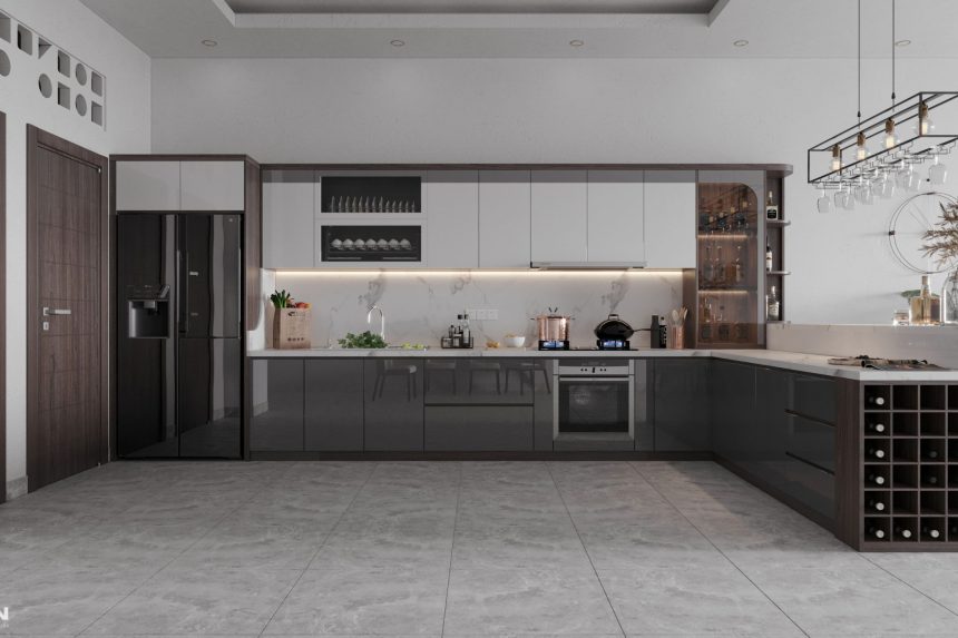 Thiết kế tủ bếp Acrylic bóng gương màu trắng sữa và gỗ MDF - 03