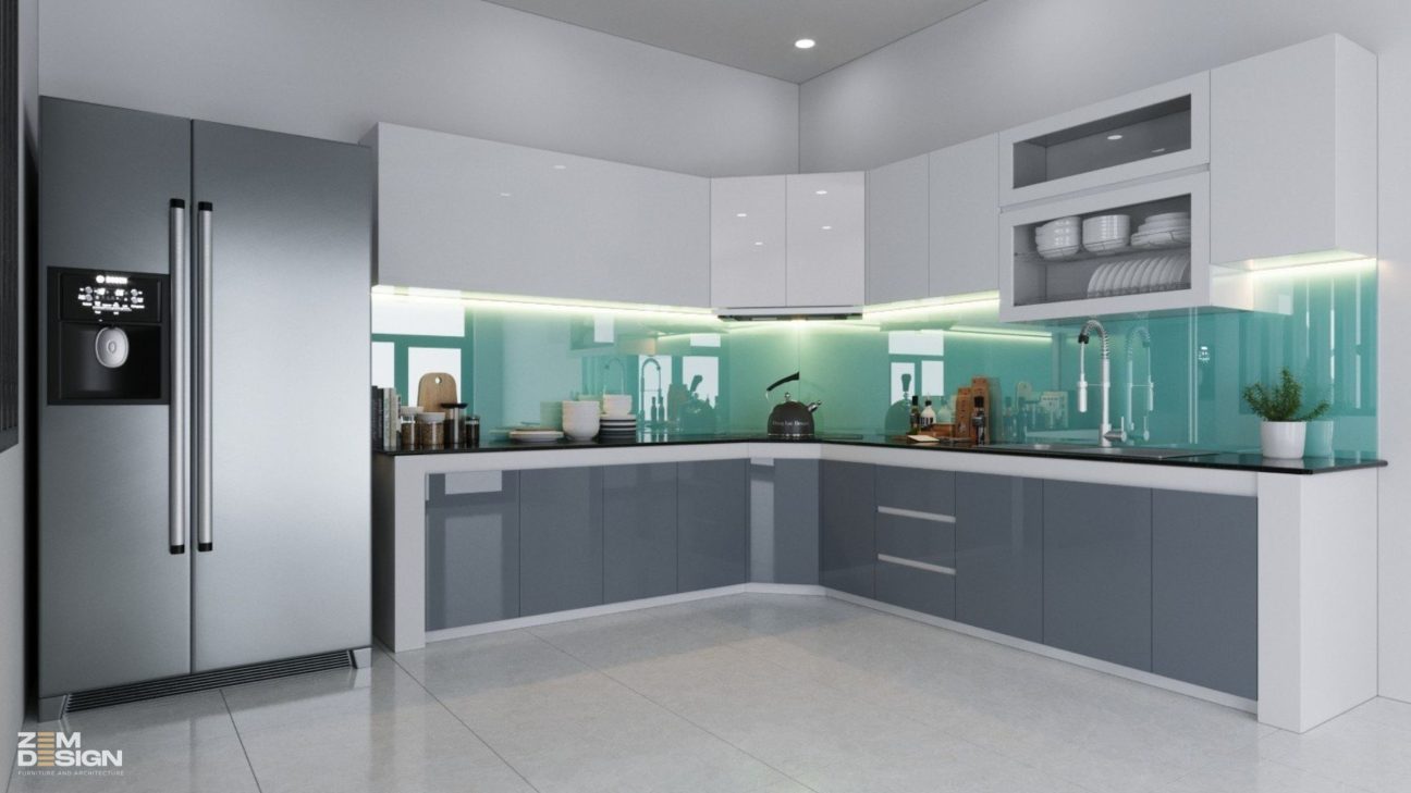 Thiết kế tủ bếp Acrylic bóng gương màu xám trắng 01