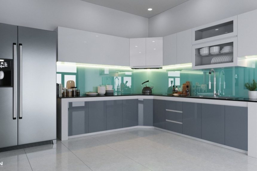 Thiết kế tủ bếp Acrylic bóng gương màu xám trắng 01