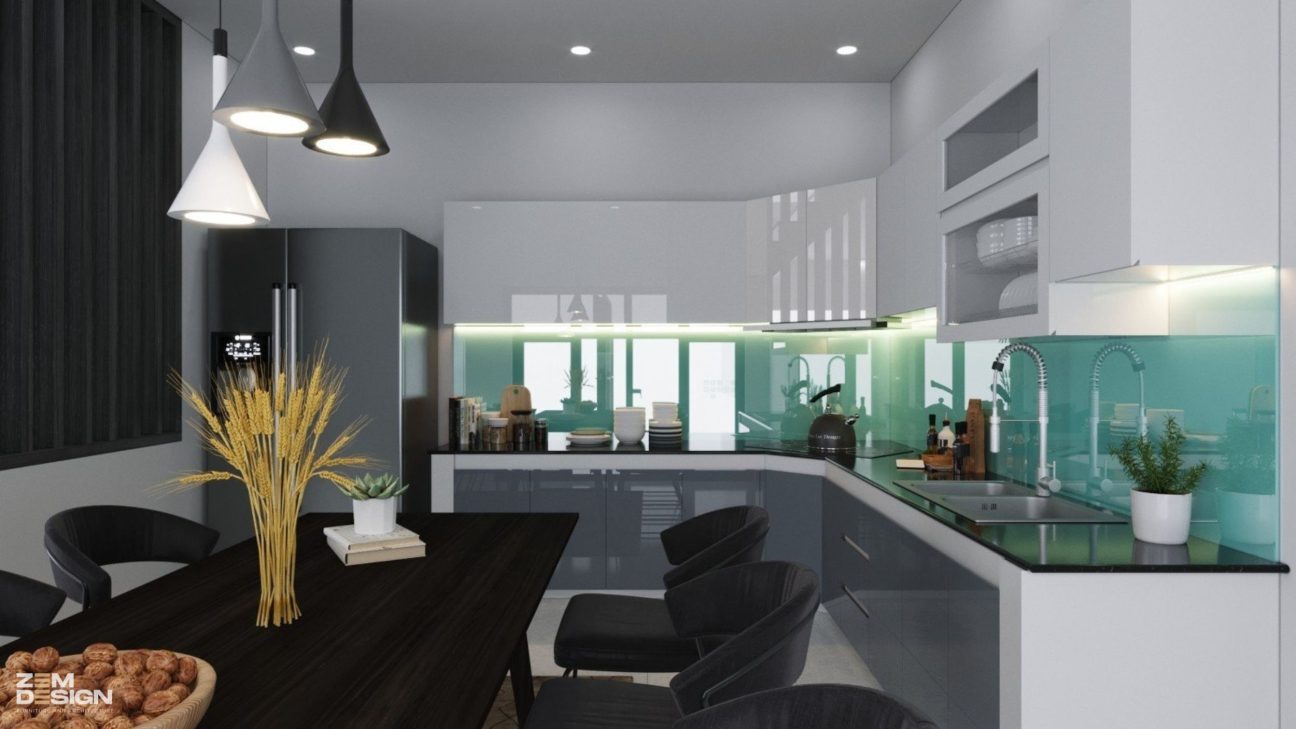 Thiết kế tủ bếp Acrylic bóng gương màu xám trắng 02