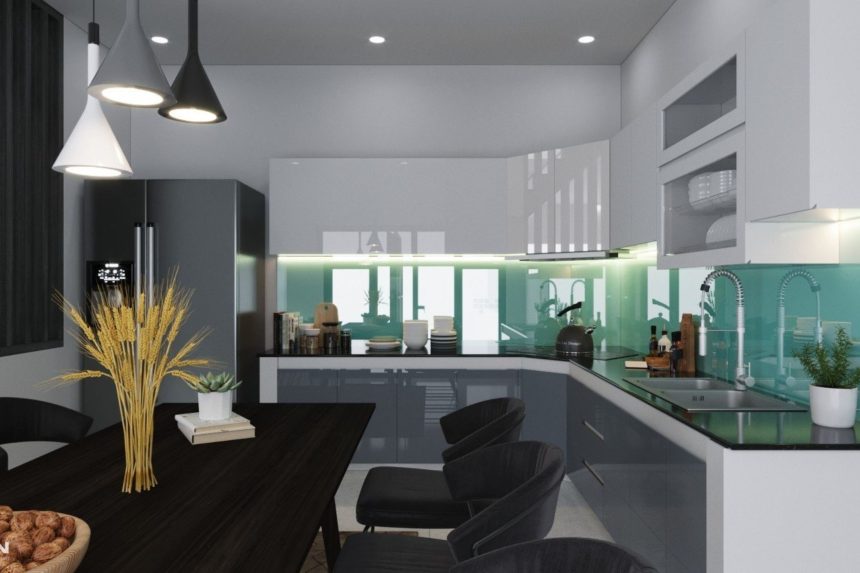 Thiết kế tủ bếp Acrylic bóng gương màu xám trắng 02