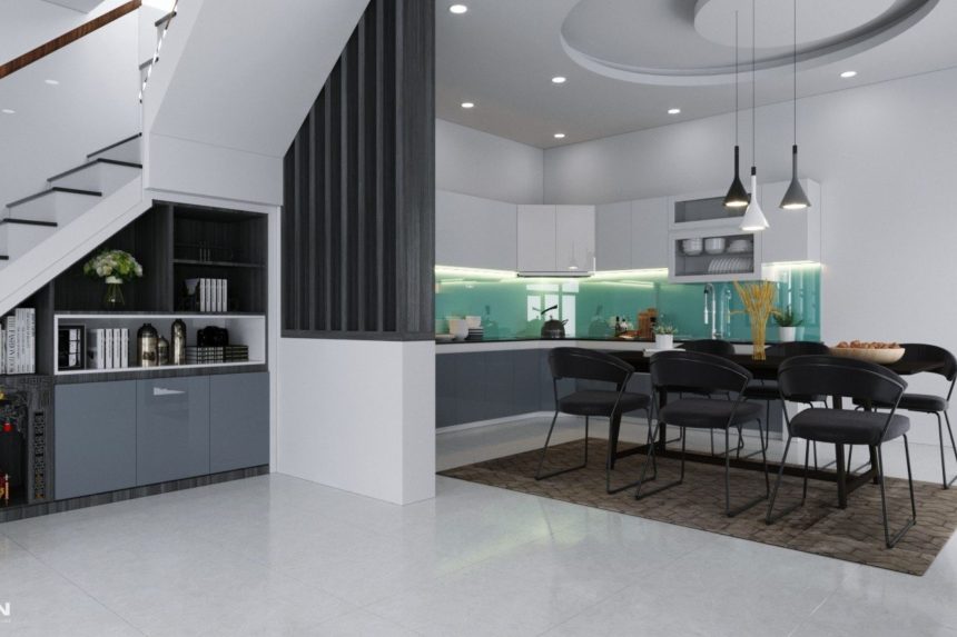 Thiết kế tủ bếp Acrylic bóng gương màu xám trắng 03