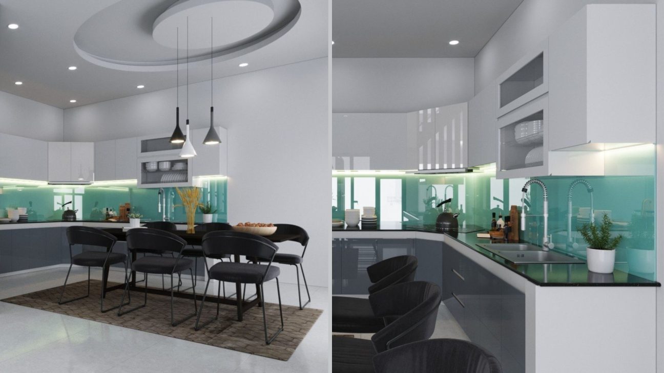 Thiết kế tủ bếp Acrylic bóng gương màu xám trắng 05