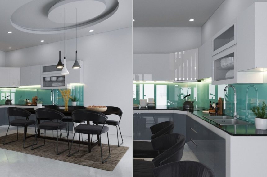 Thiết kế tủ bếp Acrylic bóng gương màu xám trắng 05