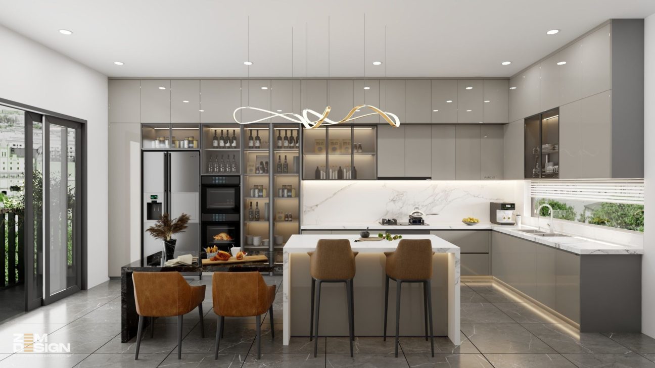 Thiết kế tủ bếp Acrylic màu xám nhạt 01
