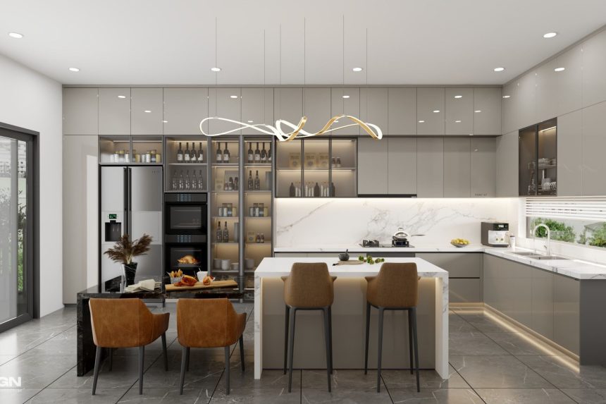 Thiết kế tủ bếp Acrylic màu xám nhạt 01