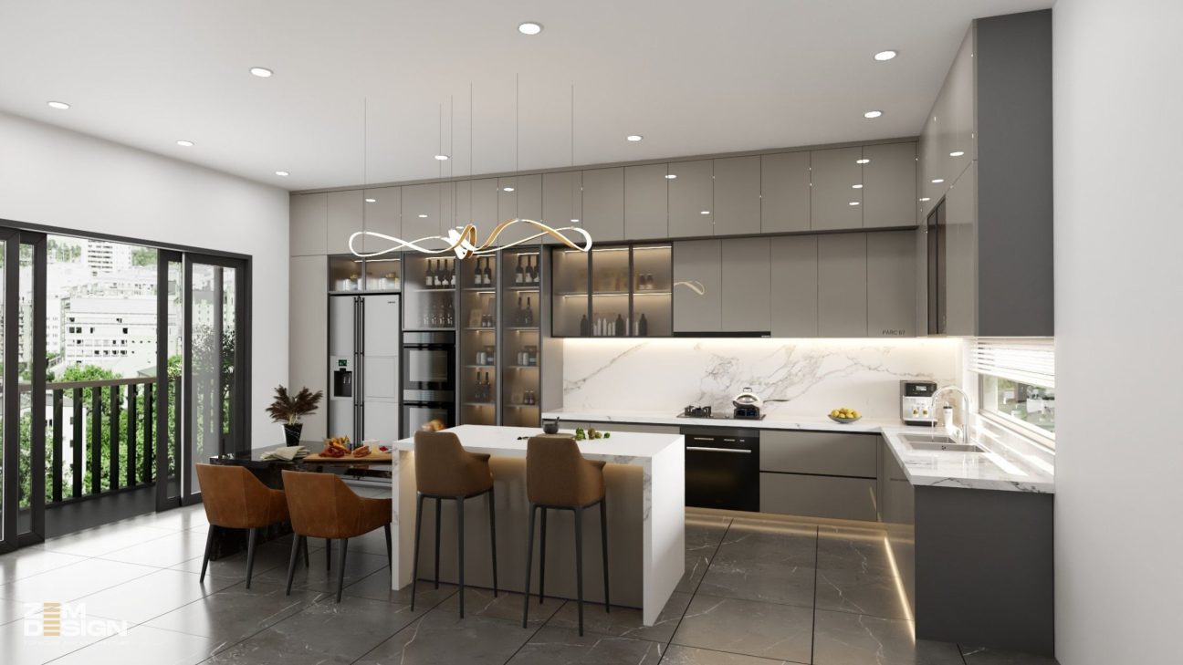 Thiết kế tủ bếp Acrylic màu xám nhạt 02
