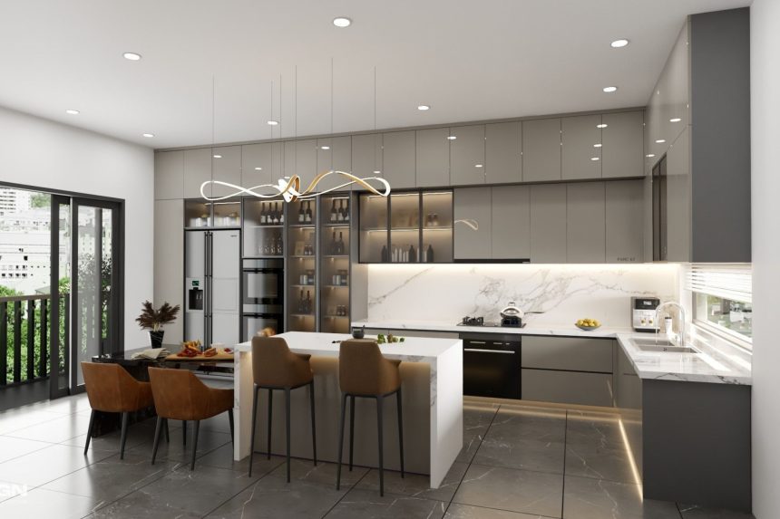 Thiết kế tủ bếp Acrylic màu xám nhạt 02