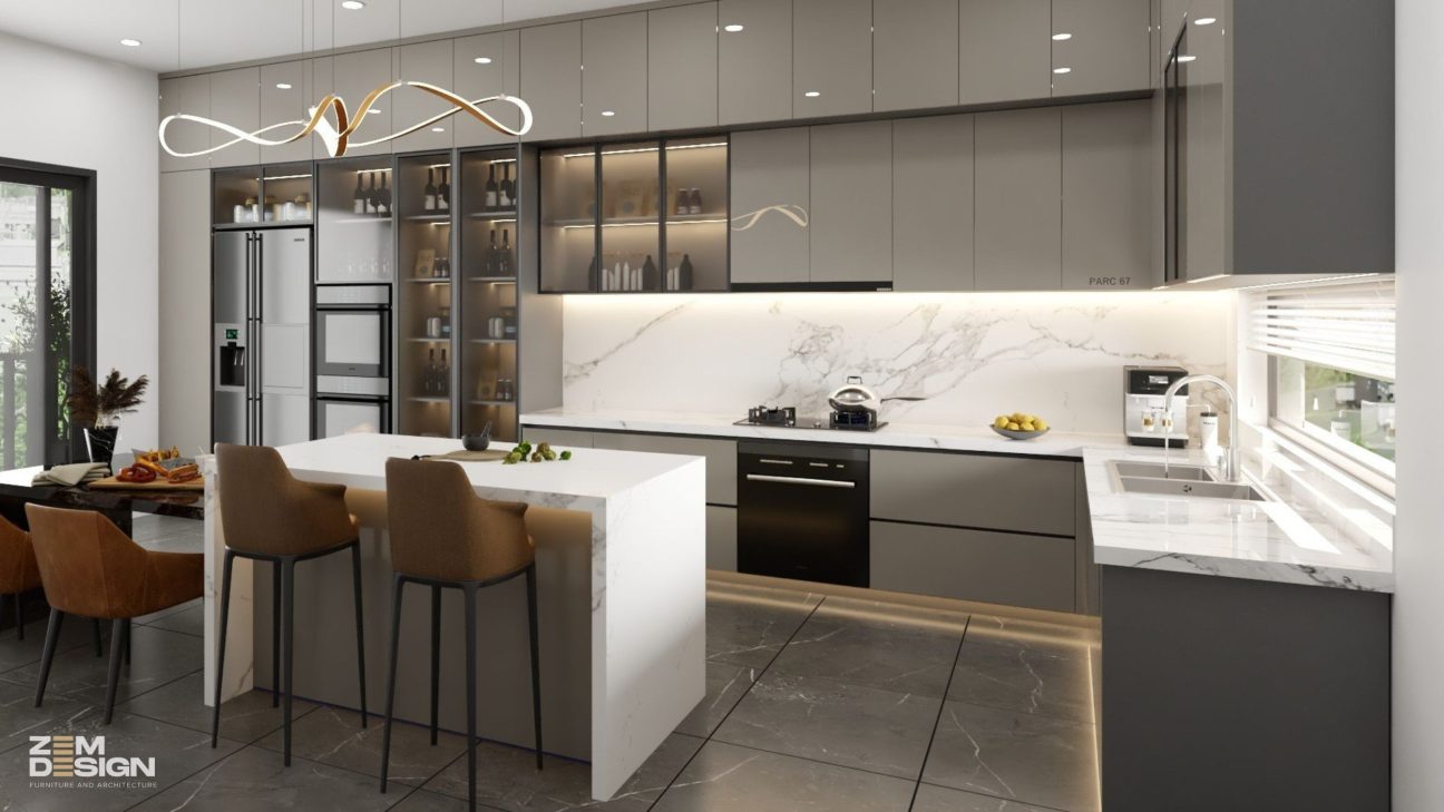 Thiết kế tủ bếp Acrylic màu xám nhạt 03